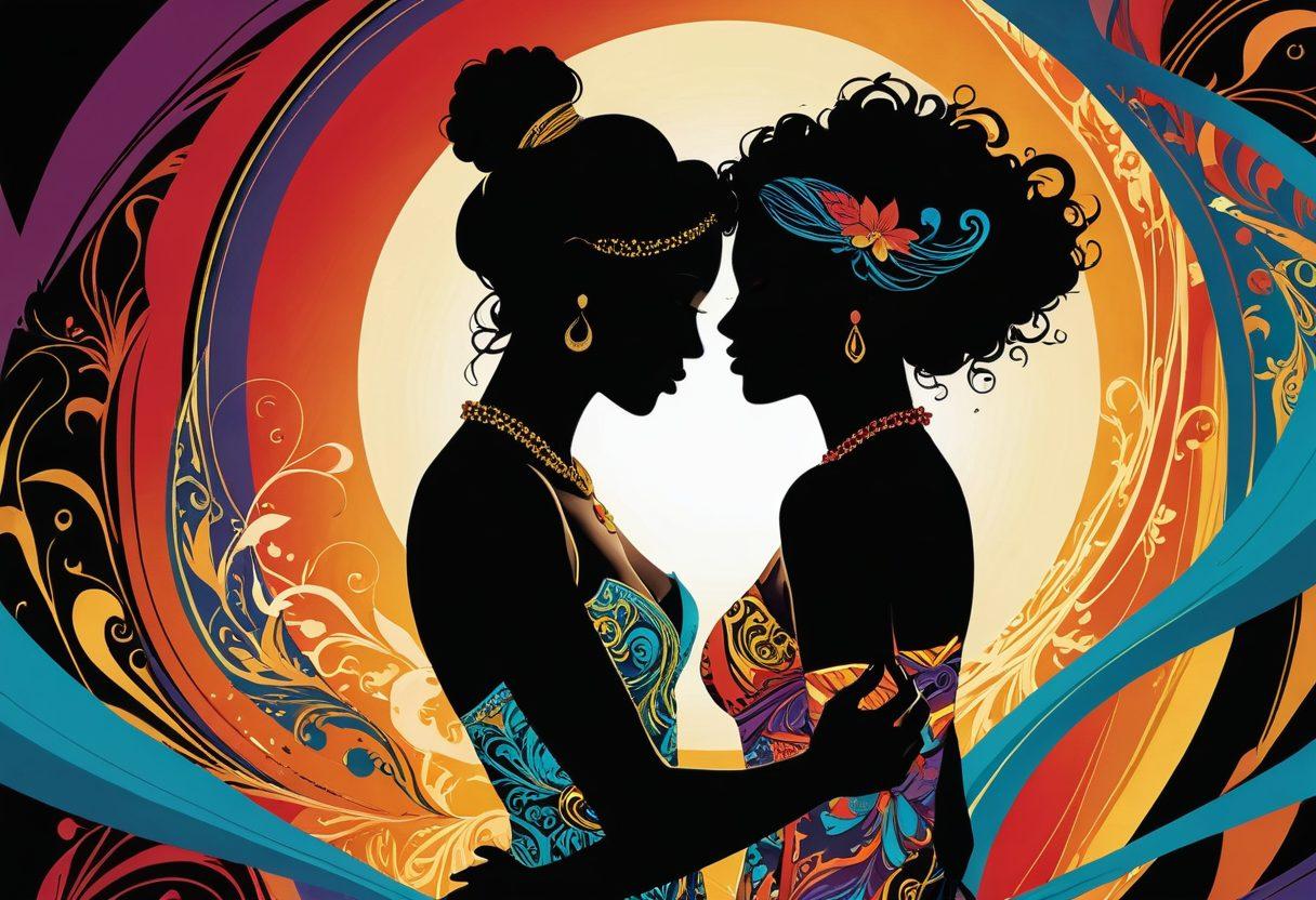 A compelling illustration that intertwines vivid, sensual elements of art and storytelling, featuring an intricately designed comic book page background blending erotic themes with cultural motifs. Include a silhouette of a figure engaged in an artistic pose, surrounded by flowing lines of ink representing passion, creativity, and allure. Utilize a warm color palette to evoke intimacy and intrigue. The composition should emphasize the fusion of artistry and mature narrative. vibrant colors. super-realistic.